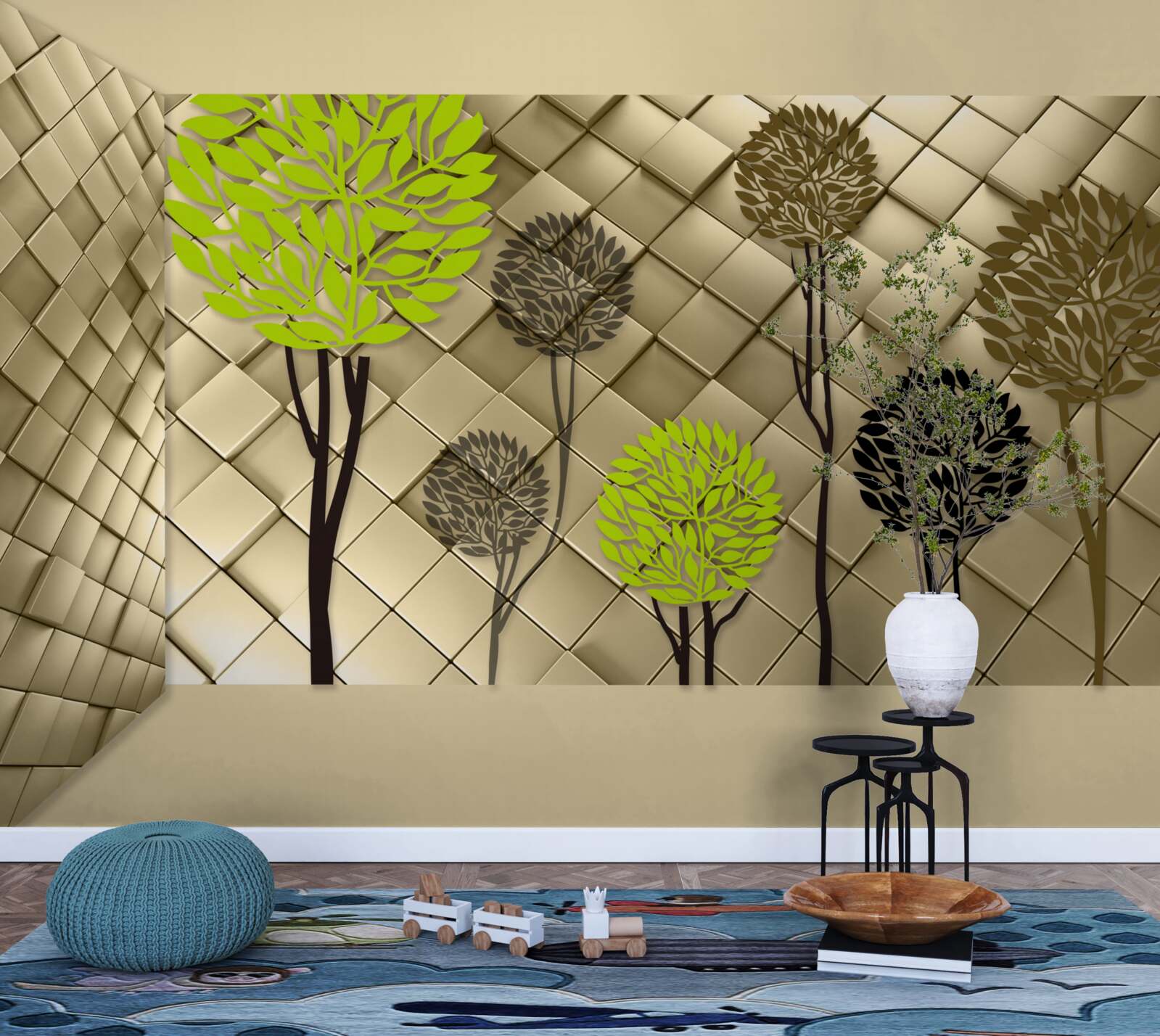 Fototapet abstracții în nuanțe de verde și maro sunt așezate pe o bază aurie