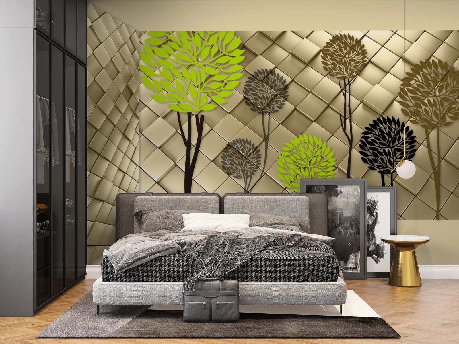 Fototapet abstracții în nuanțe de verde și maro sunt așezate pe o bază aurie