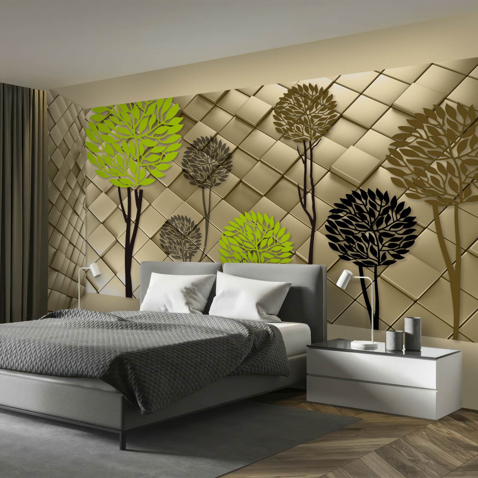 Fototapet abstracții în nuanțe de verde și maro sunt așezate pe o bază aurie