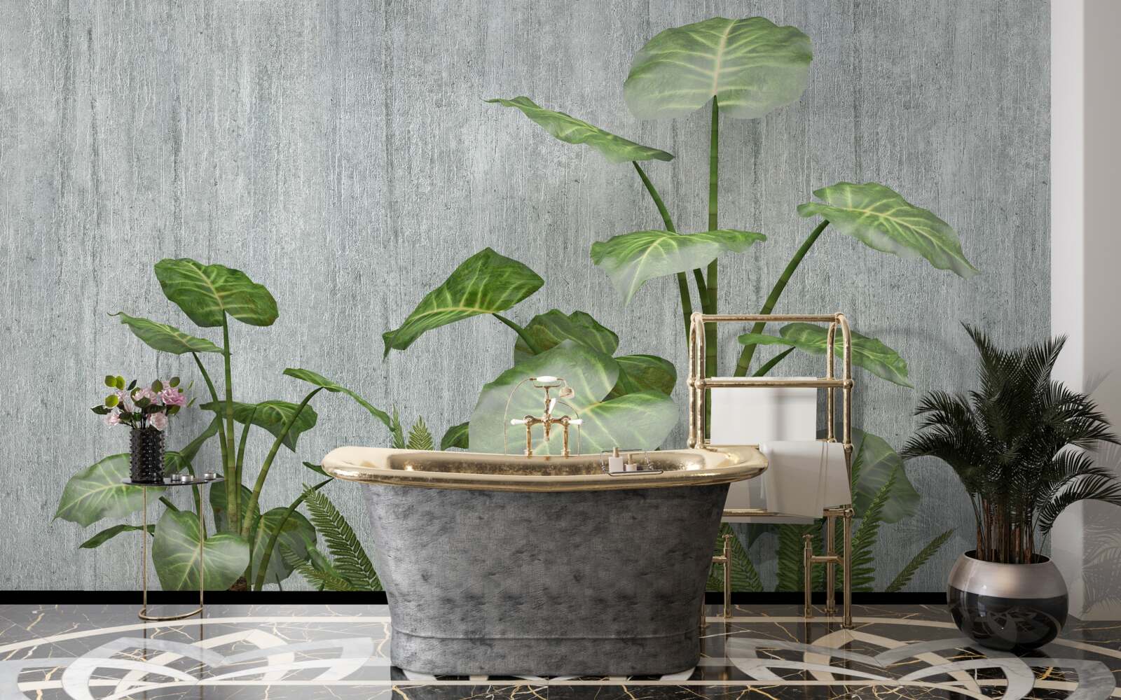 Fototapet tufiș imens monstera pe un fundal argintiu