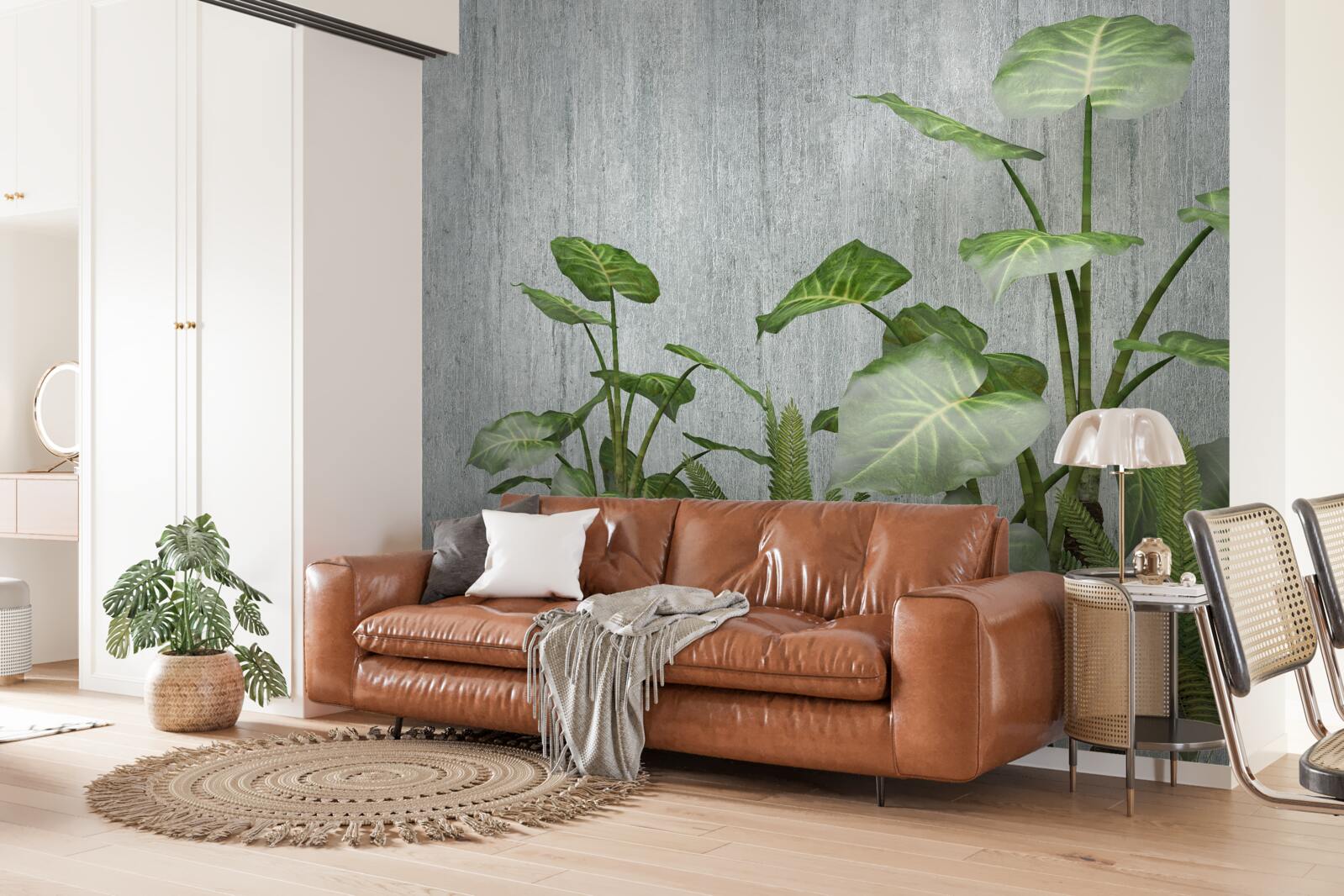 Fototapet tufiș imens monstera pe un fundal argintiu