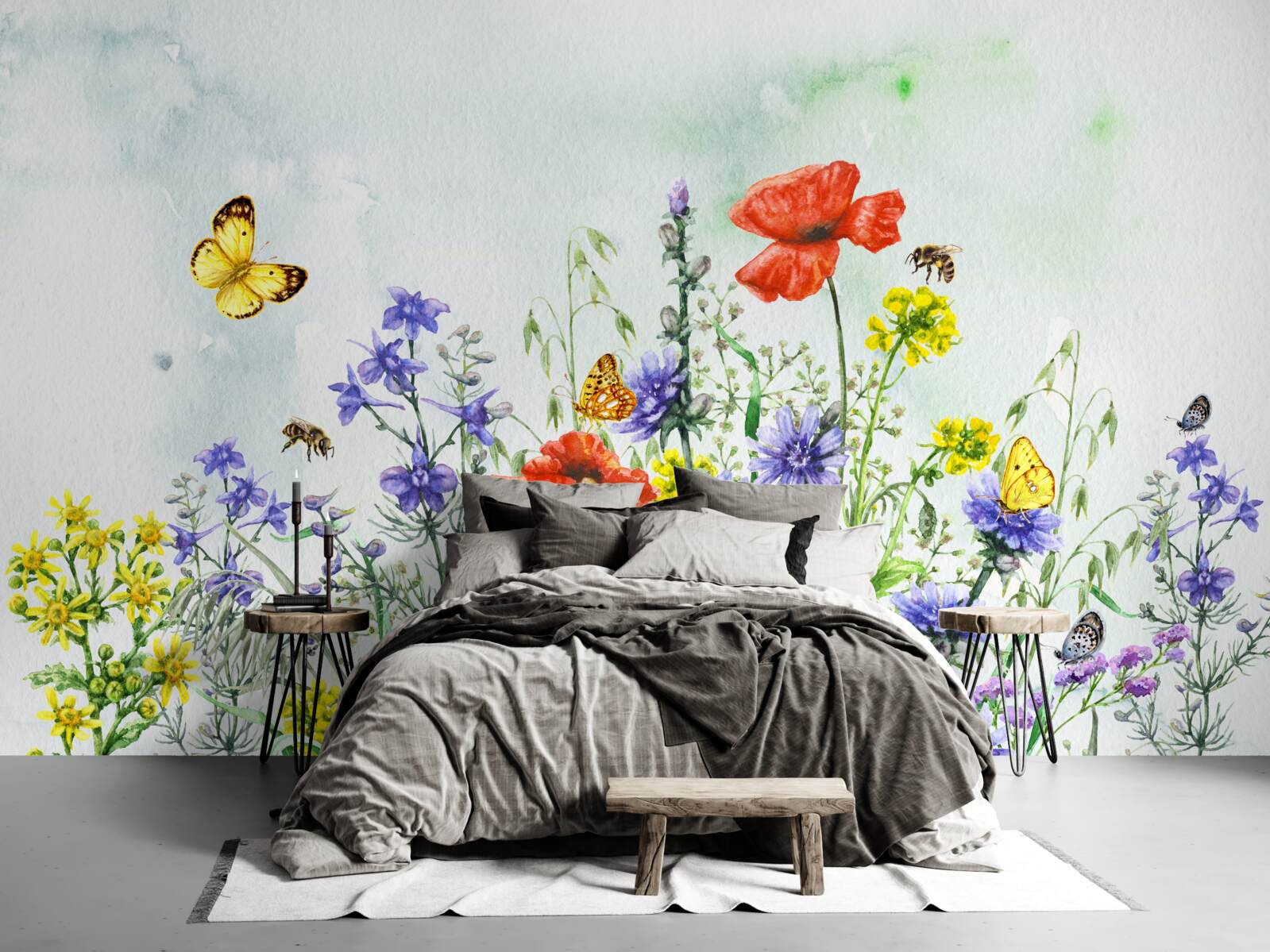 Fototapet Fluturi spectaculoși și flori de pajiște în timpul verii