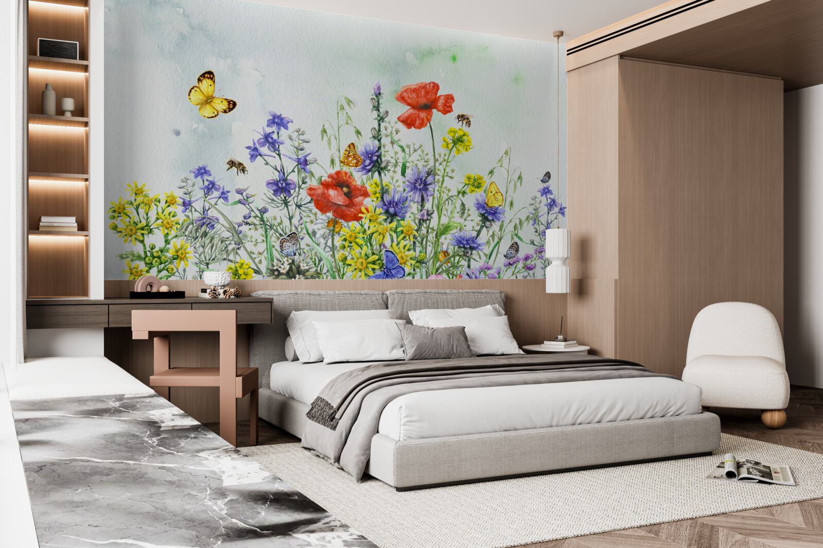 Fototapet Fluturi spectaculoși și flori de pajiște în timpul verii