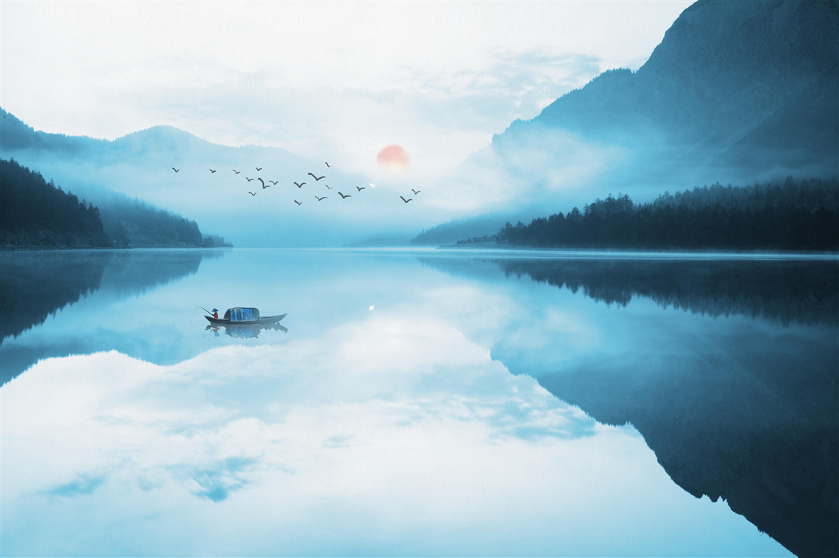 Fototapet la apusul soarelui pescarul este în ape adânci