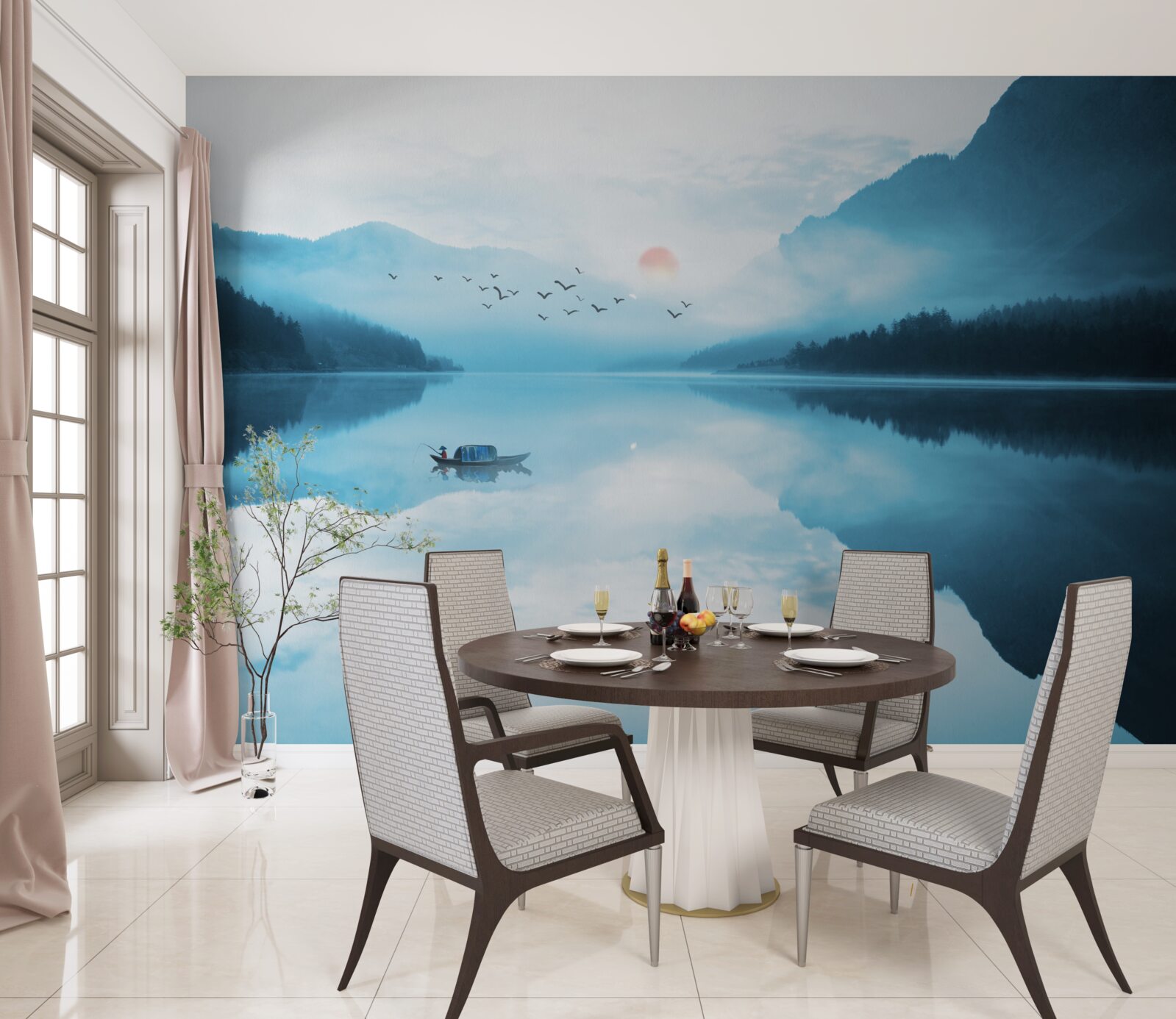 Fototapet la apusul soarelui pescarul este în ape adânci