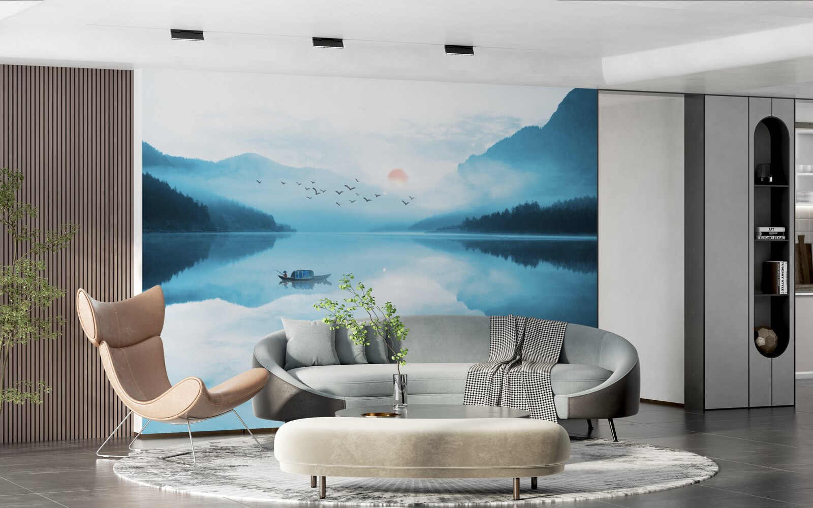 Fototapet la apusul soarelui pescarul este în ape adânci