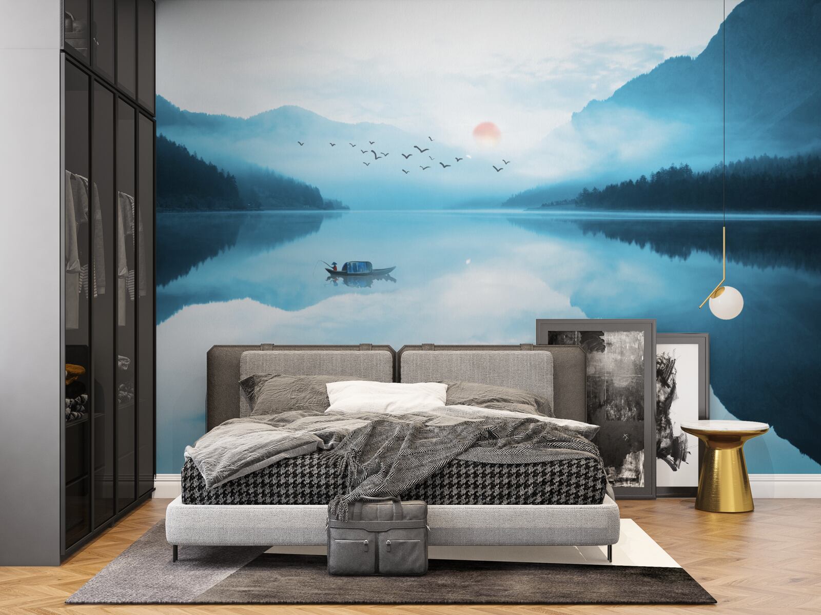 Fototapet la apusul soarelui pescarul este în ape adânci