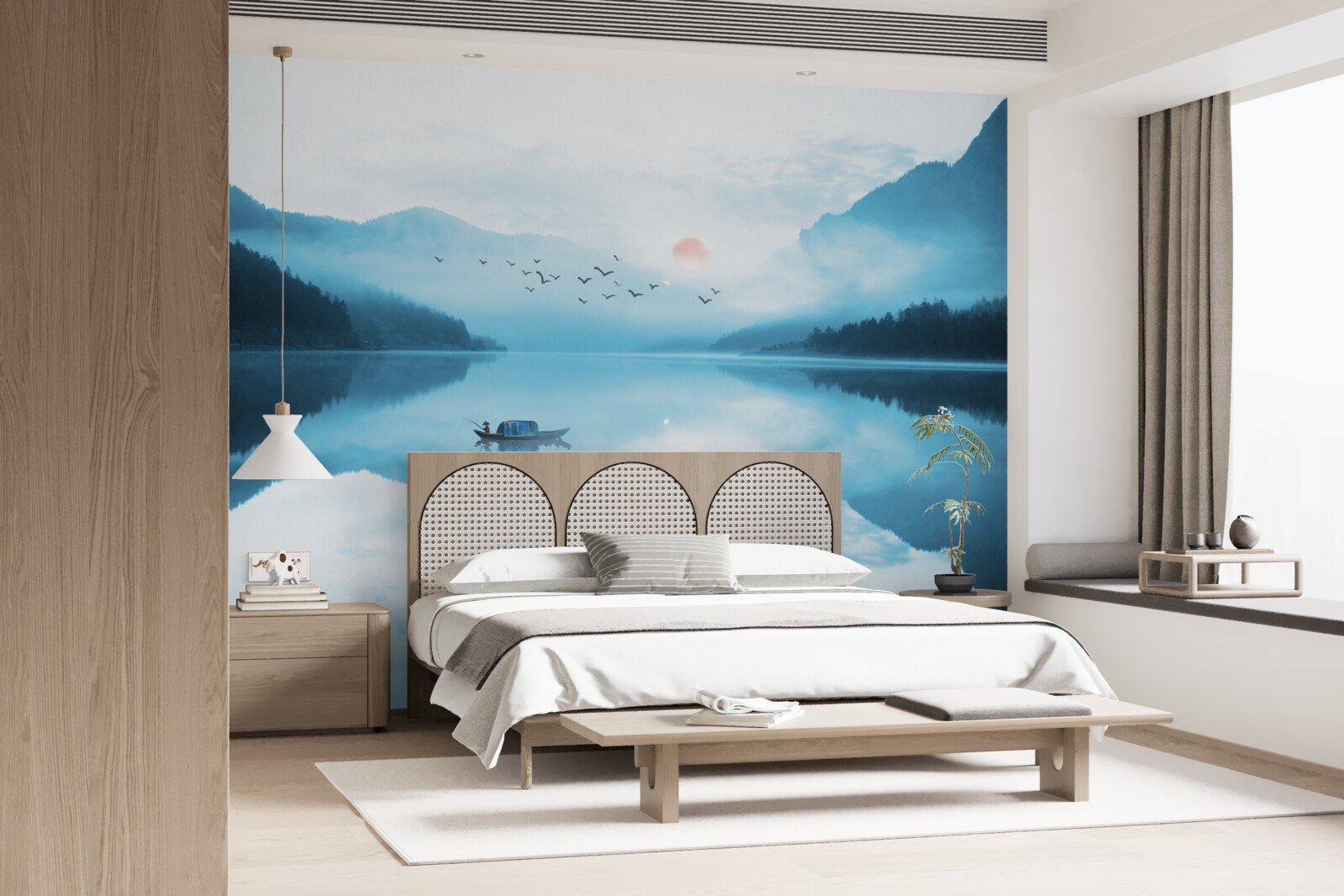 Fototapet la apusul soarelui pescarul este în ape adânci