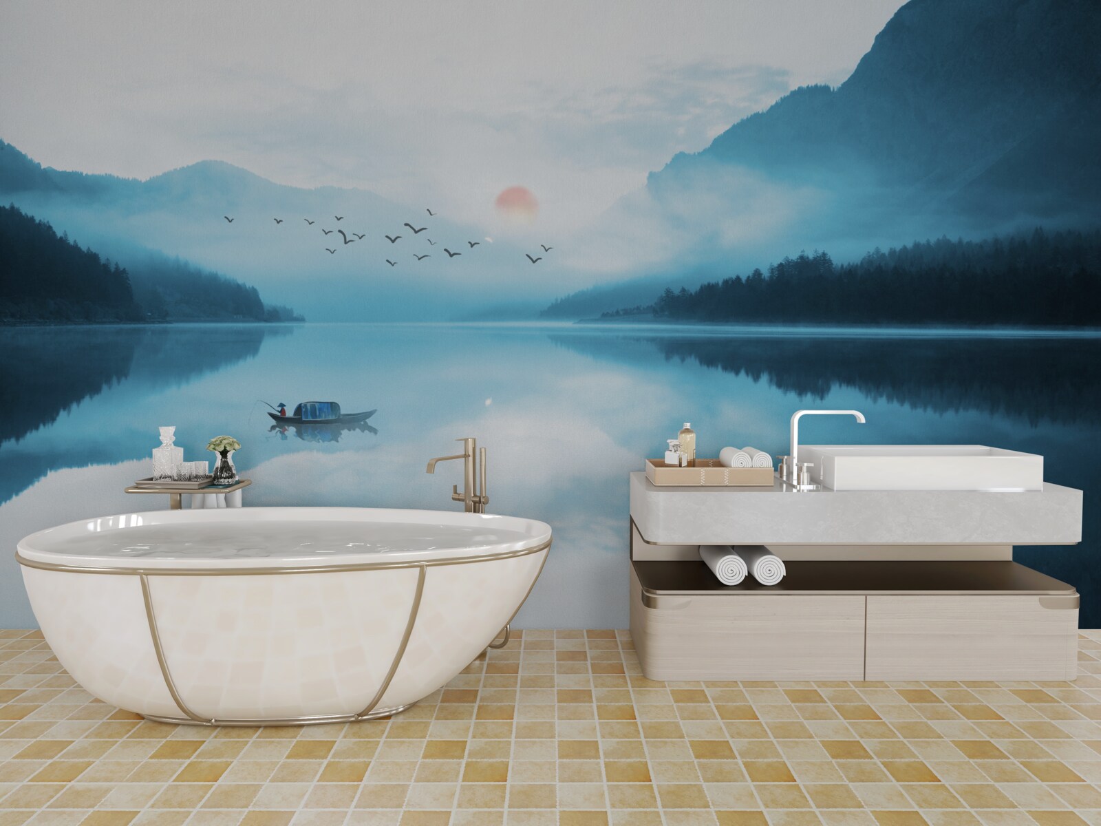 Fototapet la apusul soarelui pescarul este în ape adânci