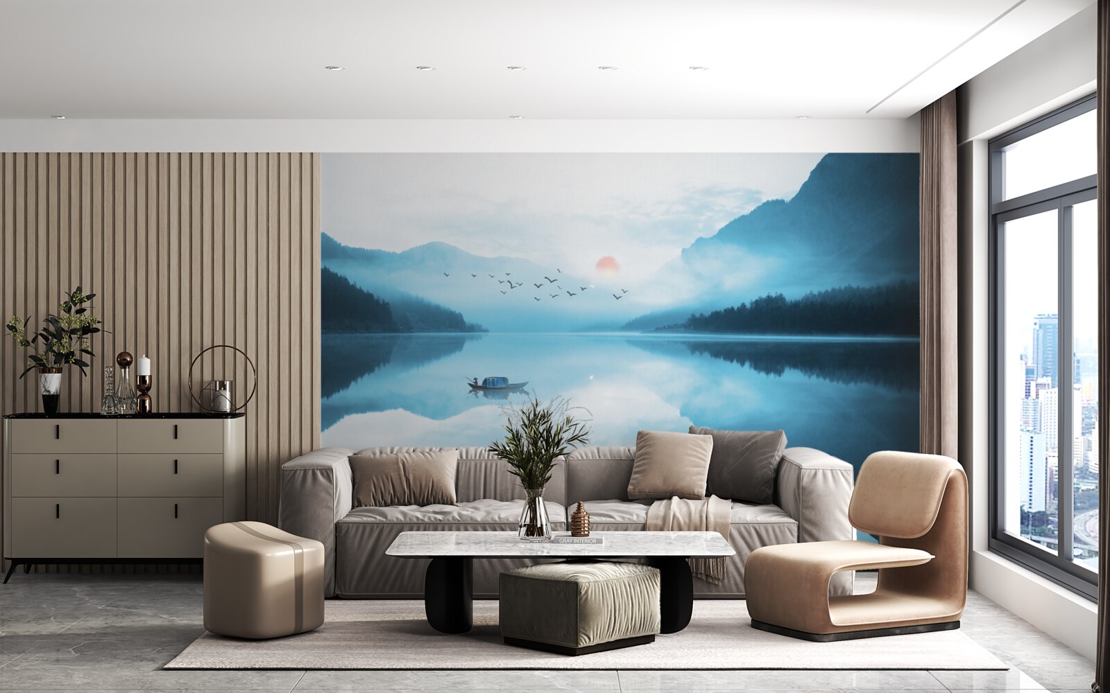 Fototapet la apusul soarelui pescarul este în ape adânci