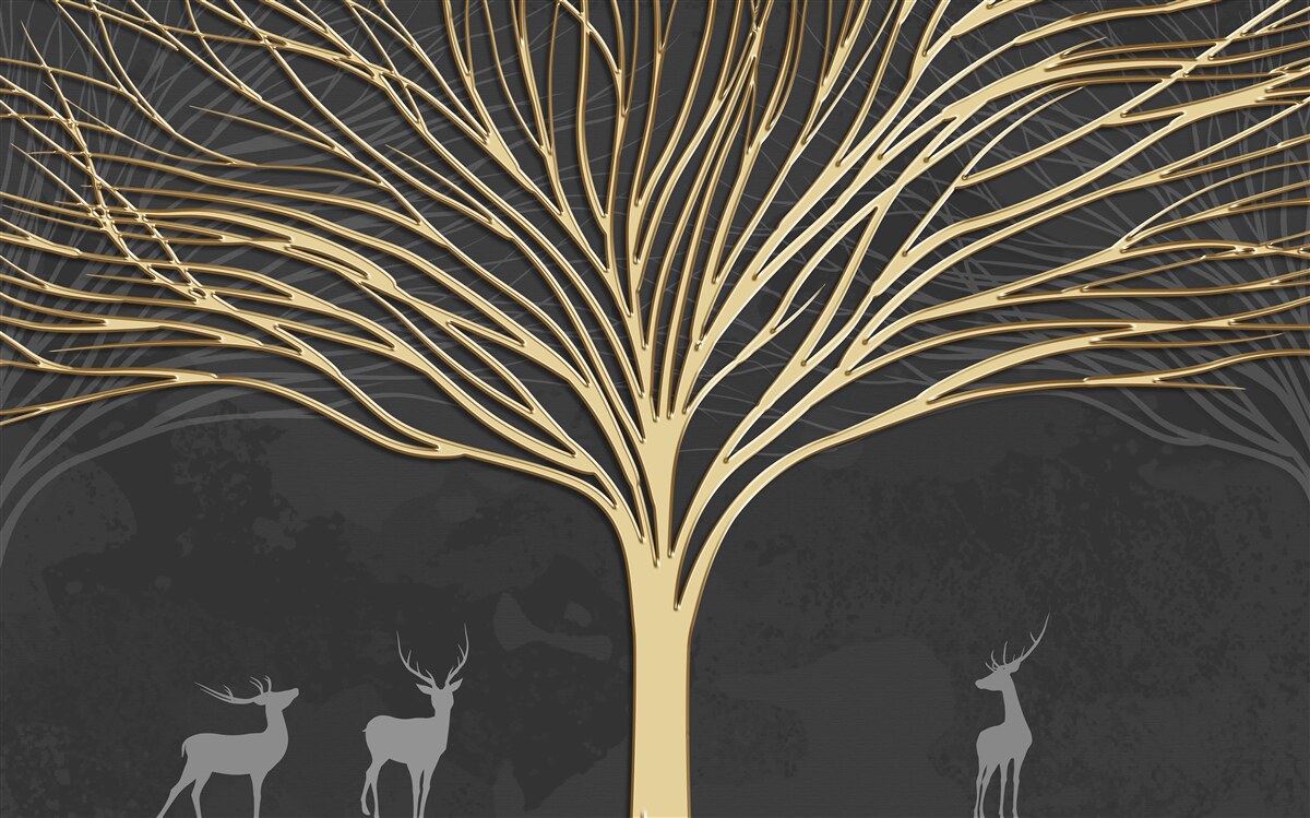 Fototapet o turmă de căprioare și un copac de aur