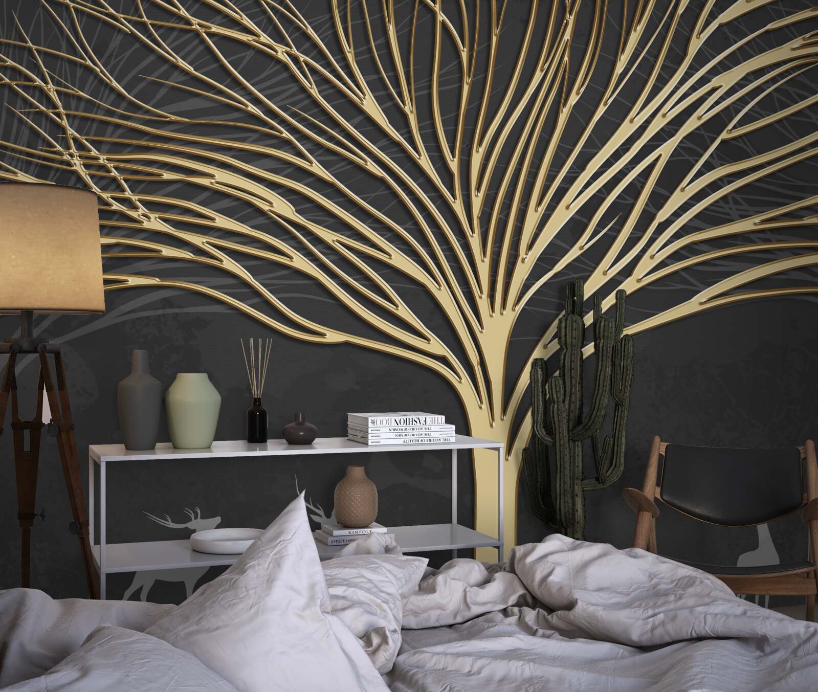 Fototapet o turmă de căprioare și un copac de aur