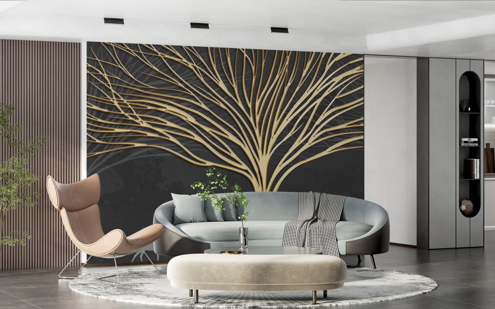 Fototapet o turmă de căprioare și un copac de aur