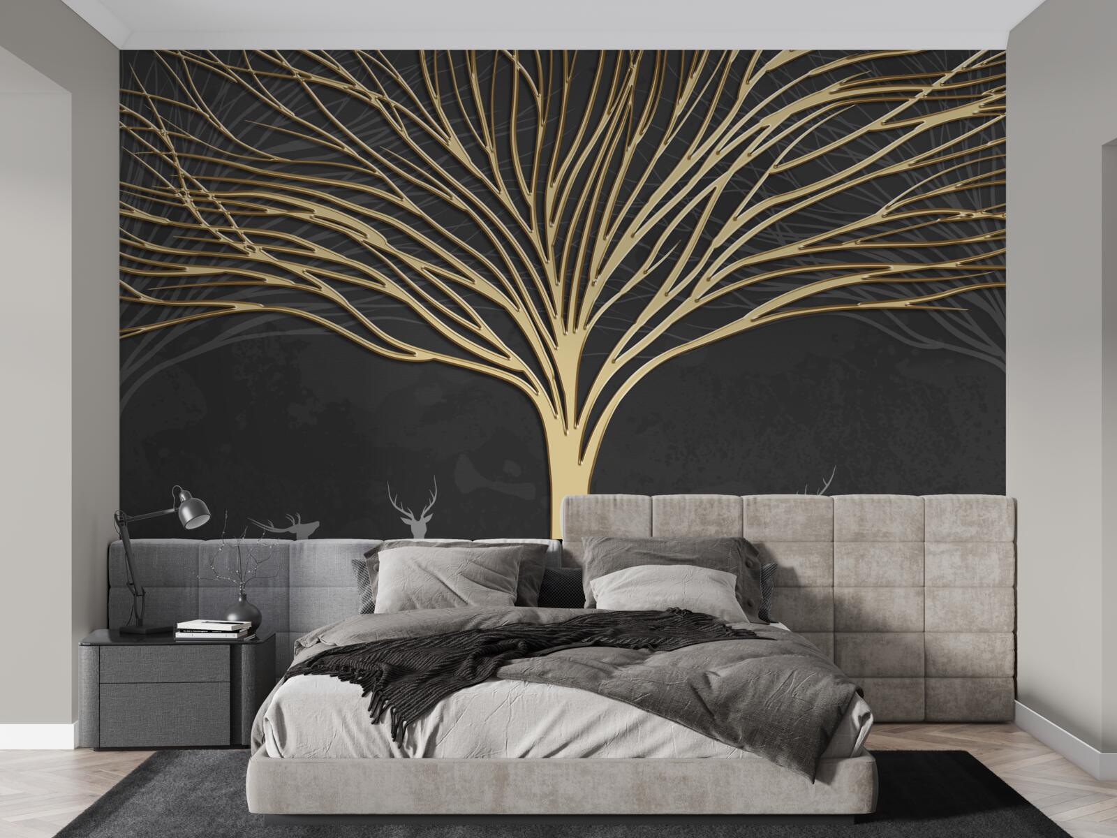 Fototapet o turmă de căprioare și un copac de aur