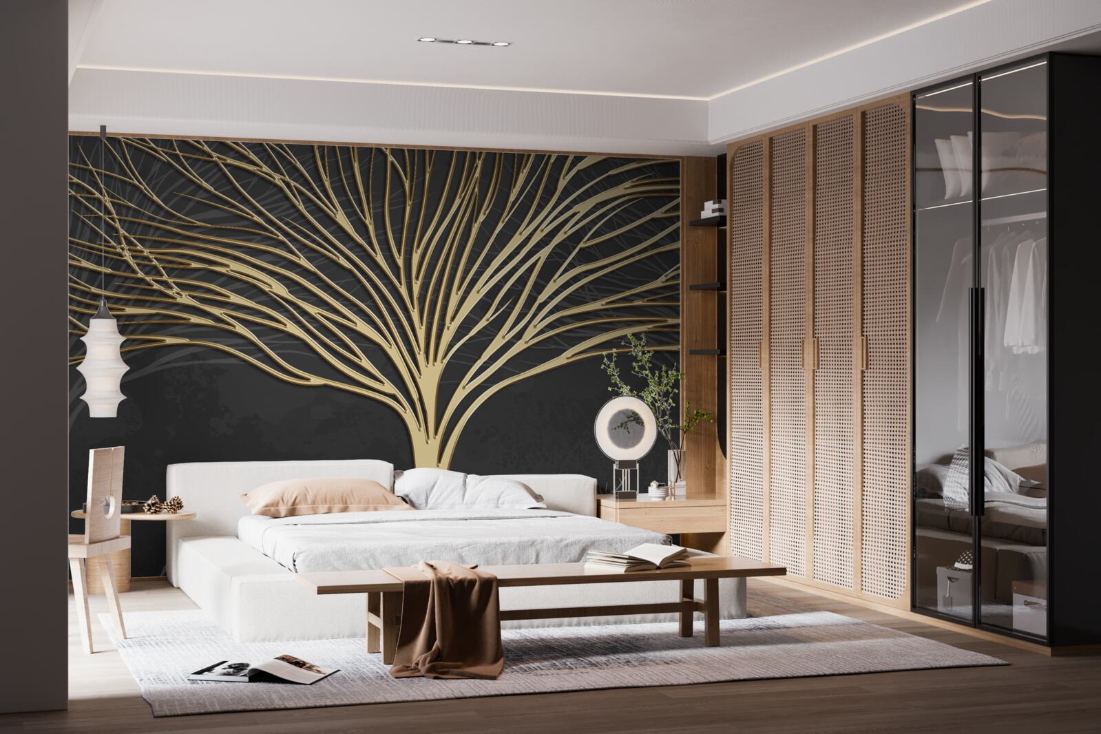 Fototapet o turmă de căprioare și un copac de aur