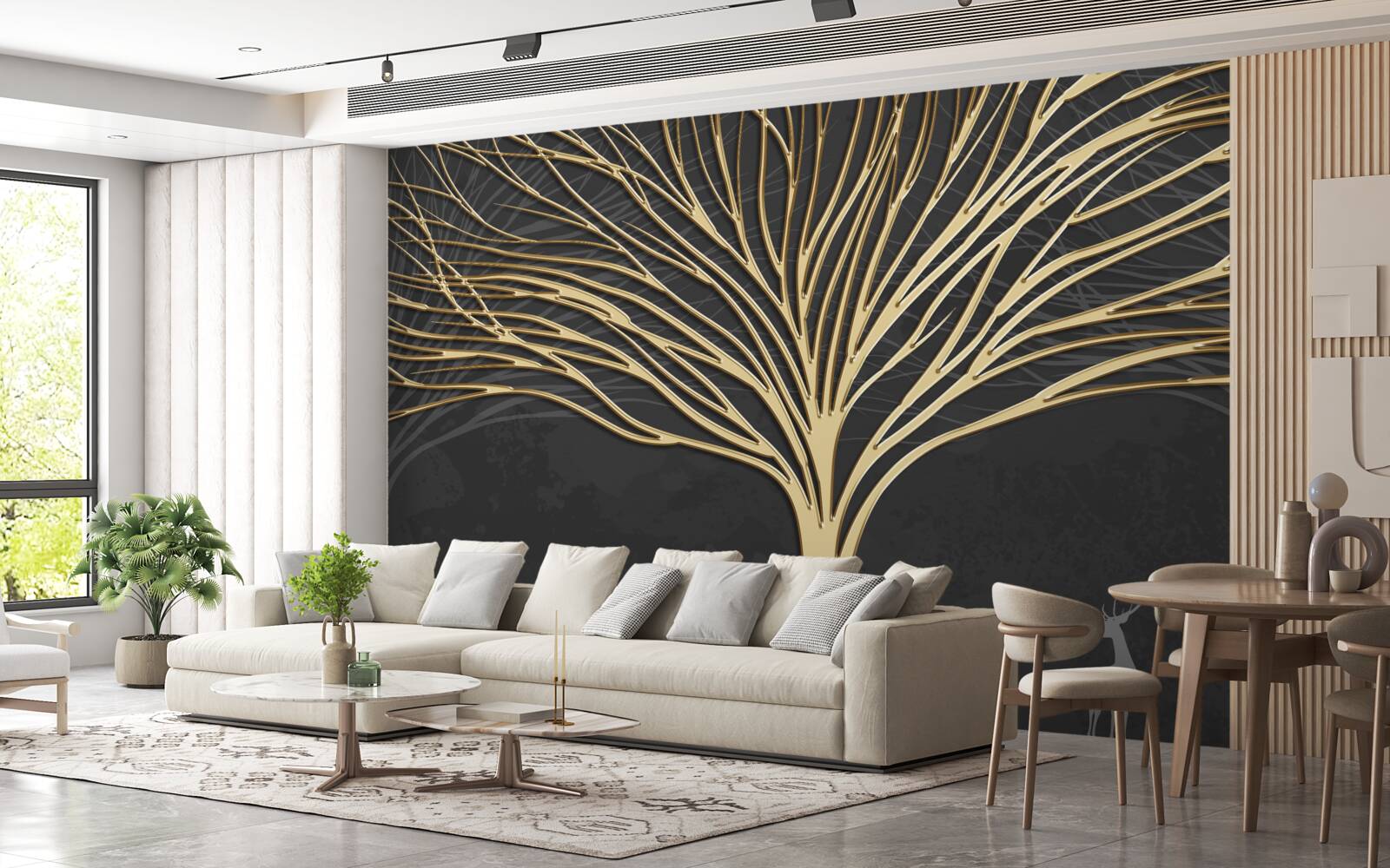 Fototapet o turmă de căprioare și un copac de aur