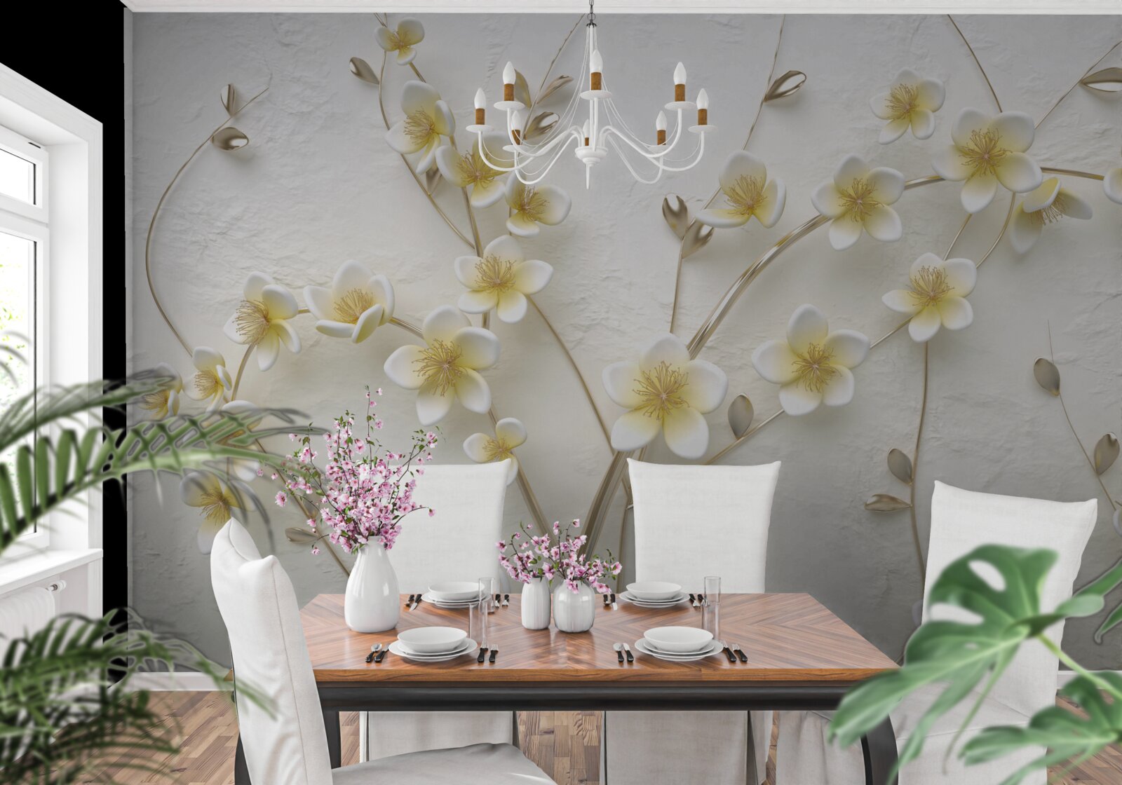 Fototapet ramuri albe de magnolie cu miez galben