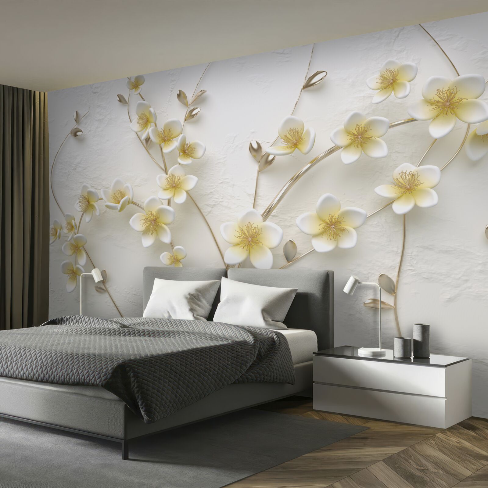 Fototapet ramuri albe de magnolie cu miez galben