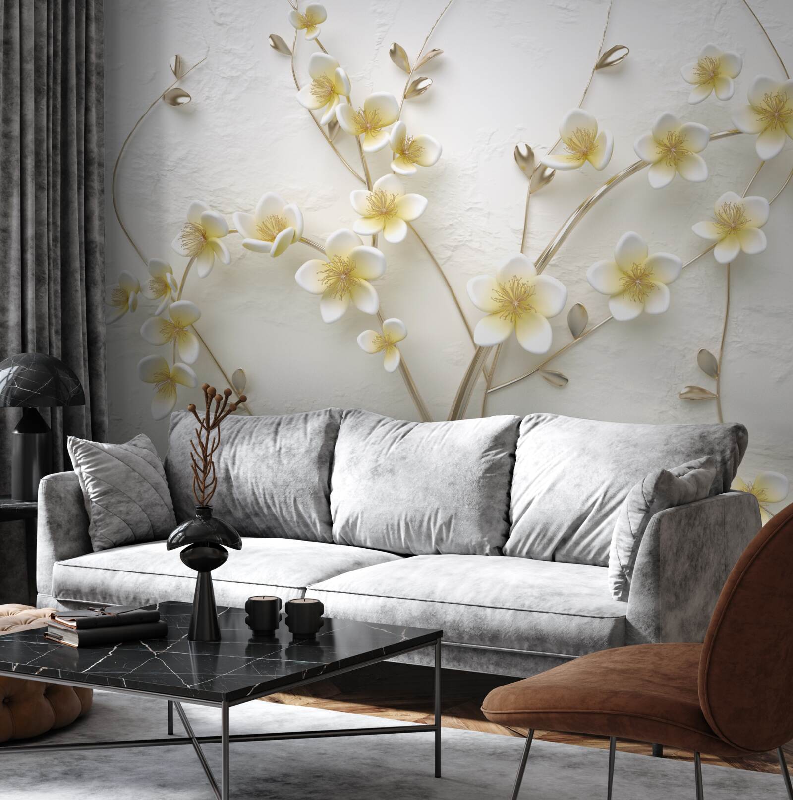 Fototapet ramuri albe de magnolie cu miez galben