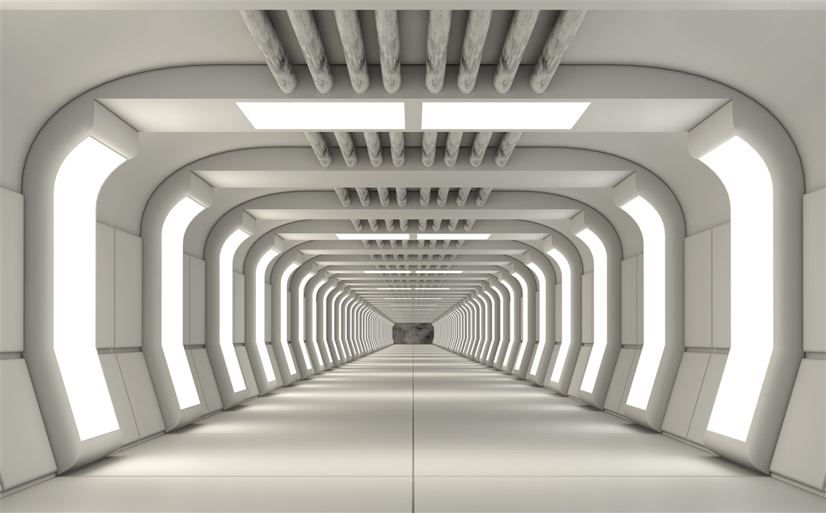 Fototapet coridor luminat fără sfârșit în stil futurist