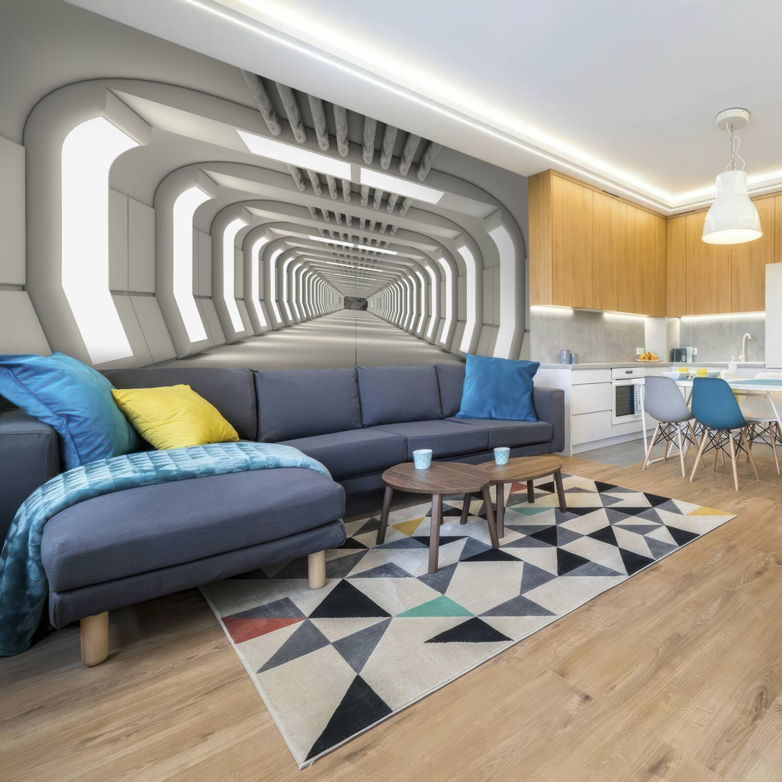 Fototapet coridor luminat fără sfârșit în stil futurist