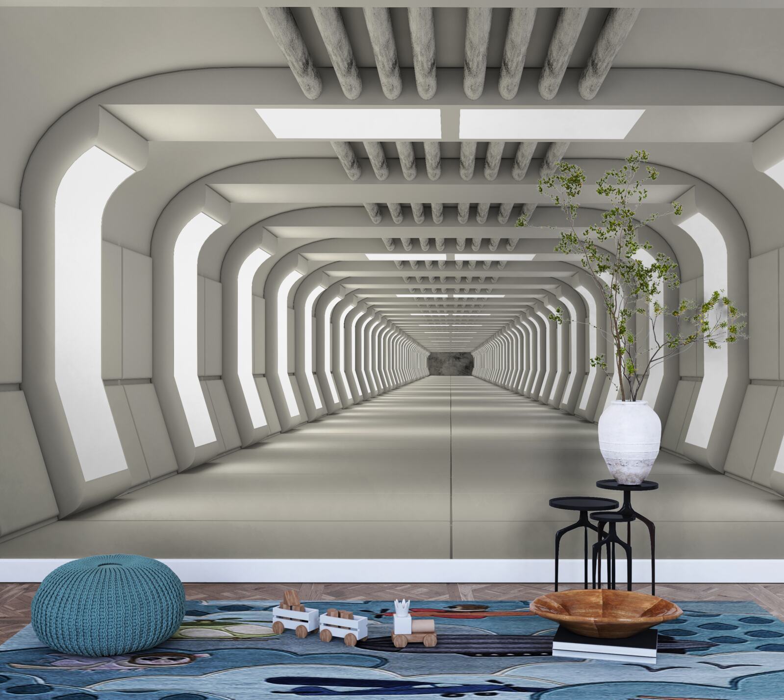 Fototapet coridor luminat fără sfârșit în stil futurist