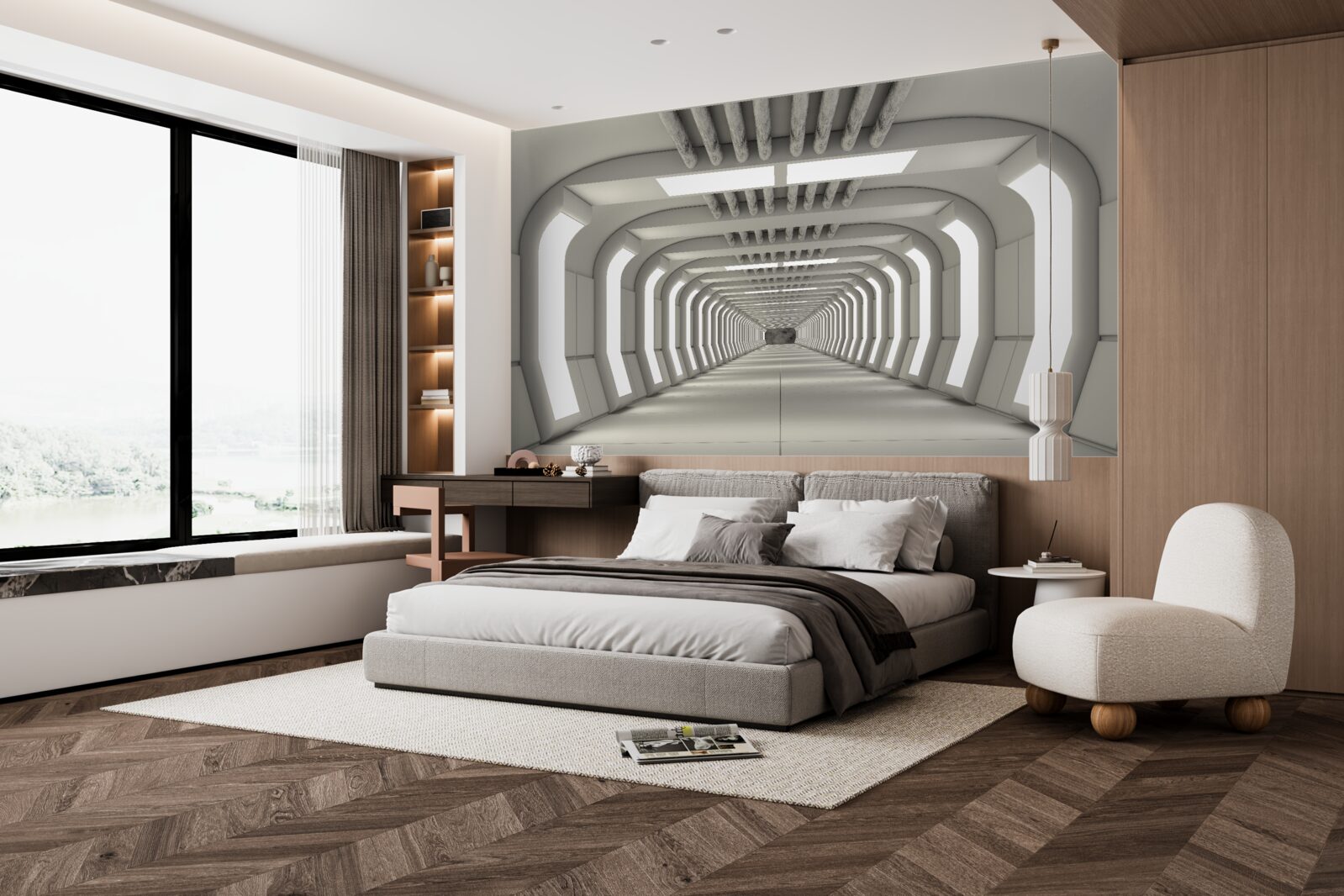 Fototapet coridor luminat fără sfârșit în stil futurist