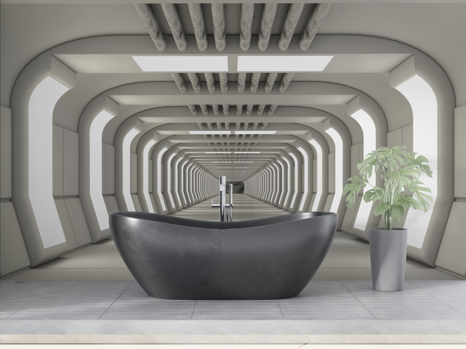 Fototapet coridor luminat fără sfârșit în stil futurist