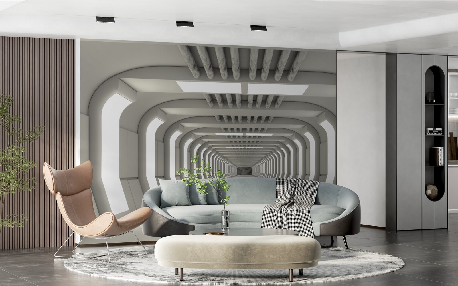 Fototapet coridor luminat fără sfârșit în stil futurist