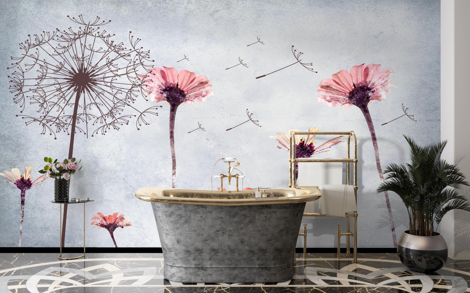 Fototapet maci și gerbera sub rafalele puternice de vânt