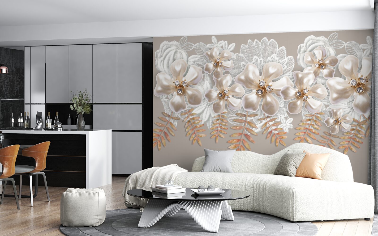 Fototapet muguri albi, strălucitori de frumusețe, pe ramuri aurii