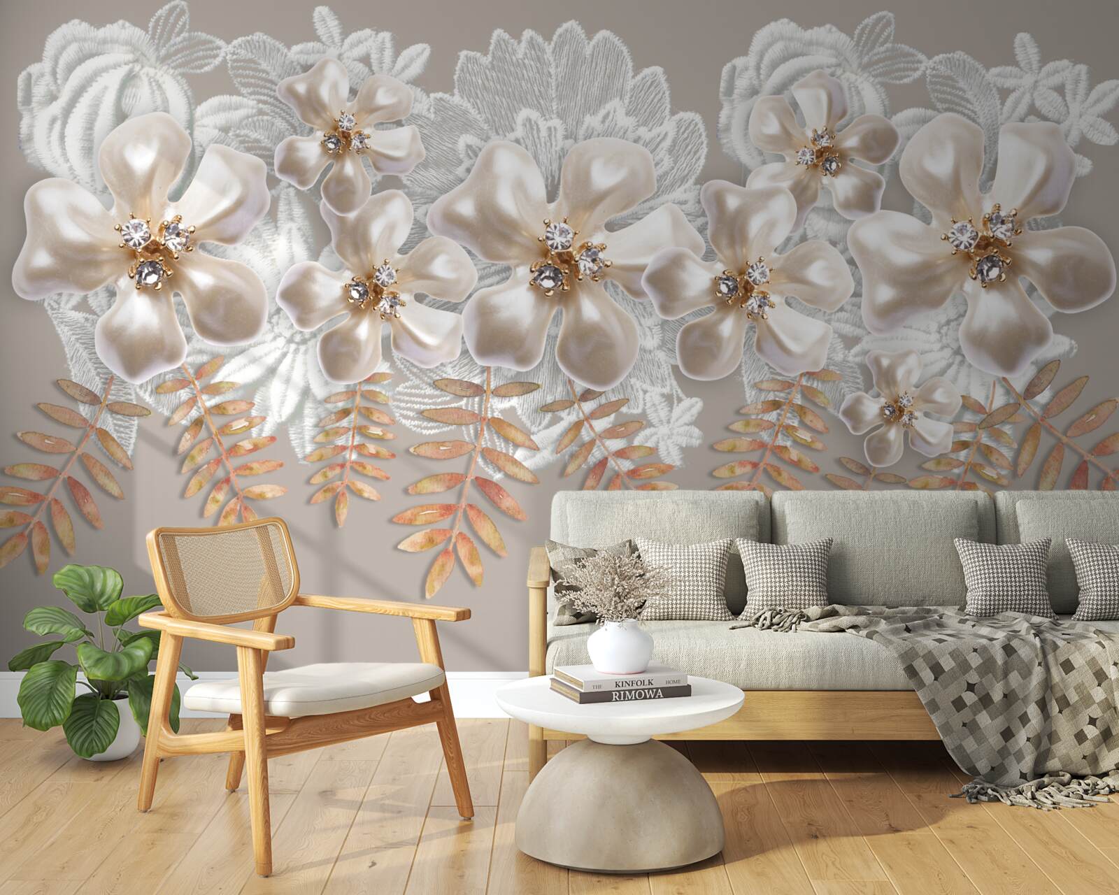 Fototapet muguri albi, strălucitori de frumusețe, pe ramuri aurii