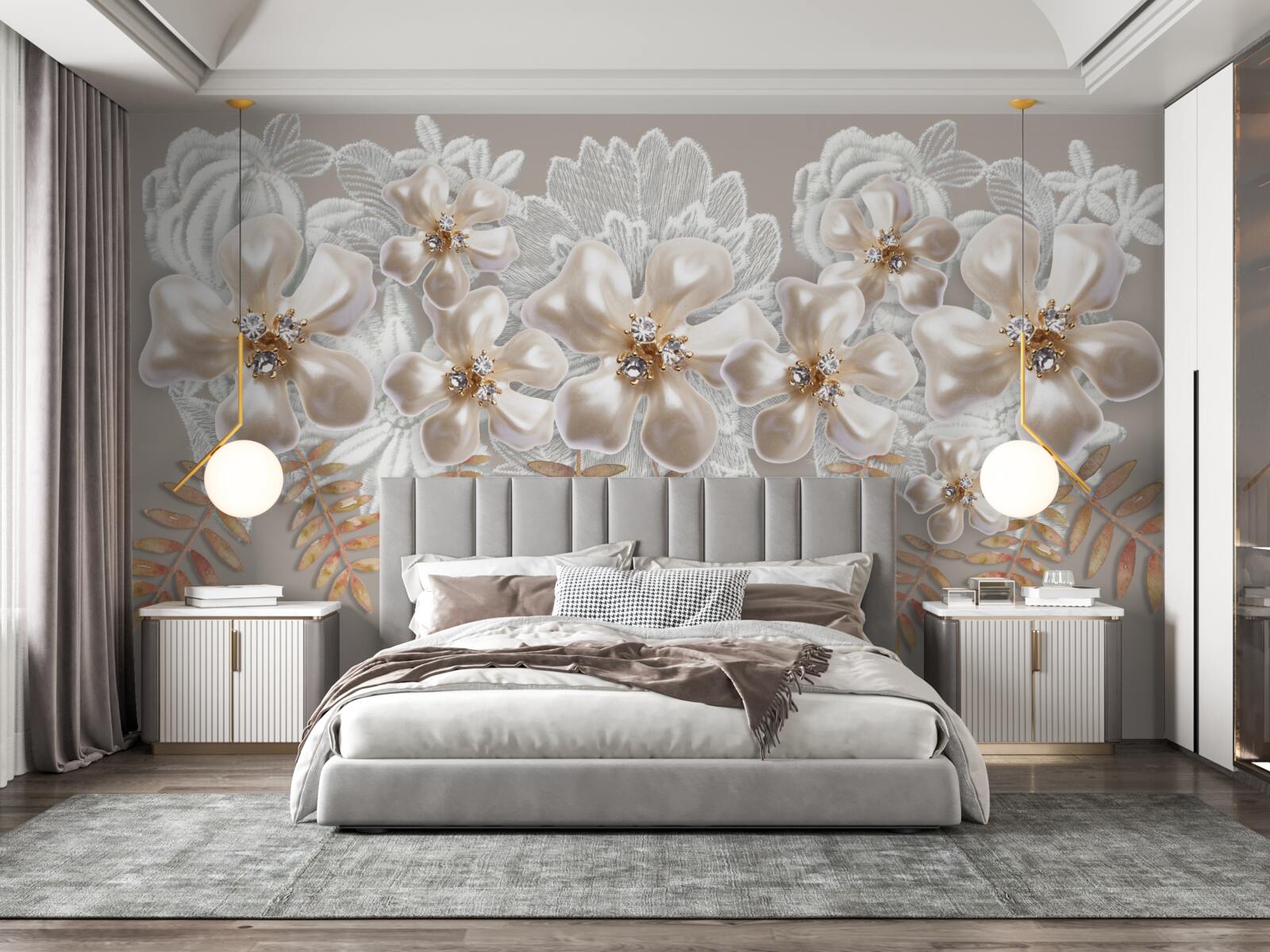 Fototapet muguri albi, strălucitori de frumusețe, pe ramuri aurii