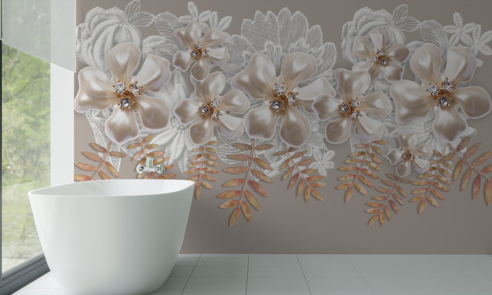 Fototapet muguri albi, strălucitori de frumusețe, pe ramuri aurii