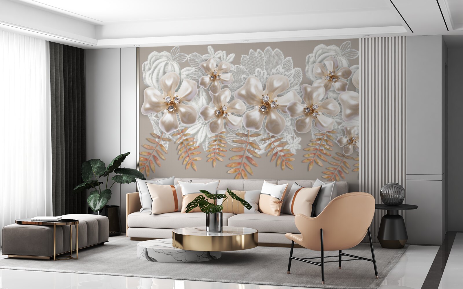 Fototapet muguri albi, strălucitori de frumusețe, pe ramuri aurii