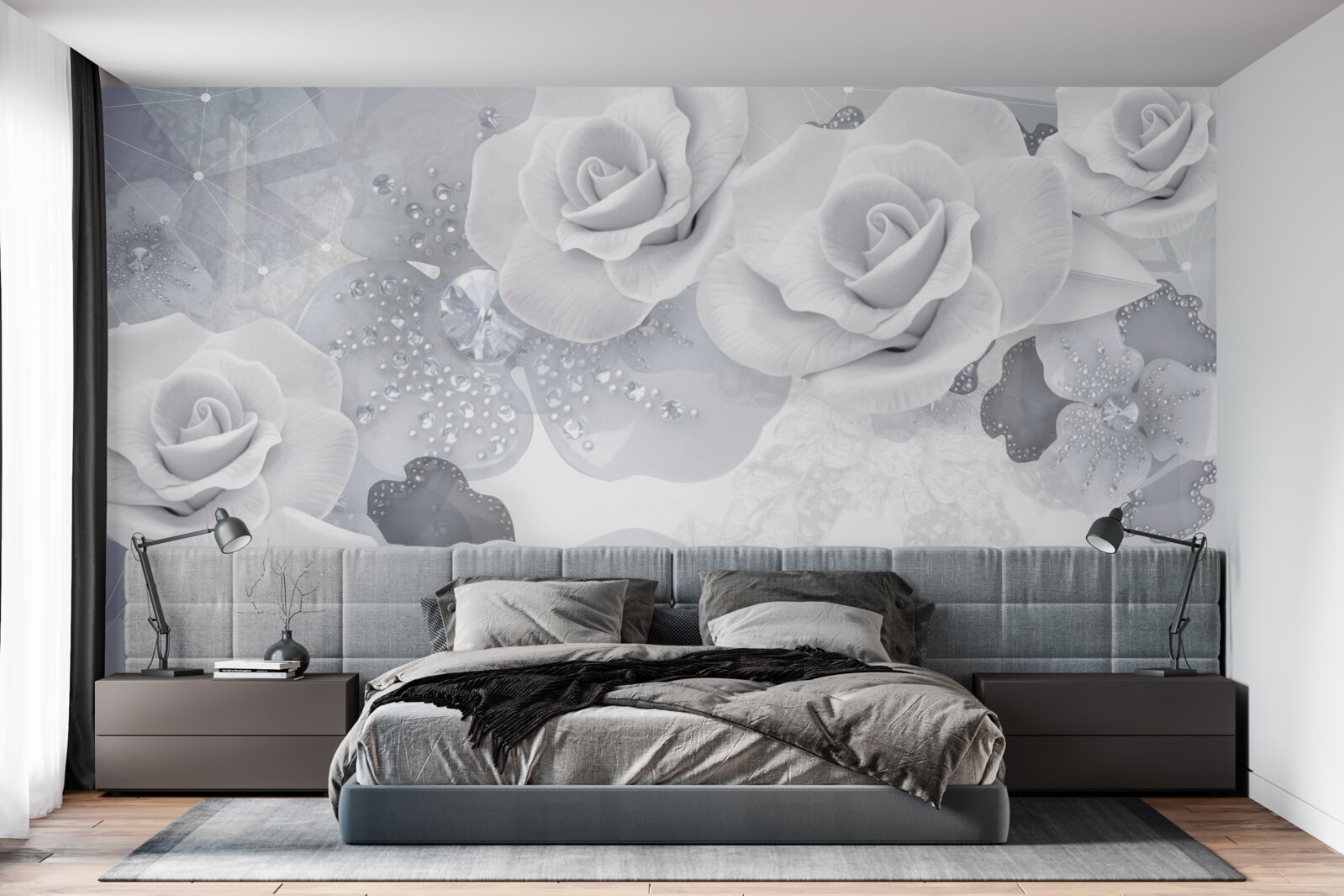 Fototapet set de flori albe pe un fundal albastru