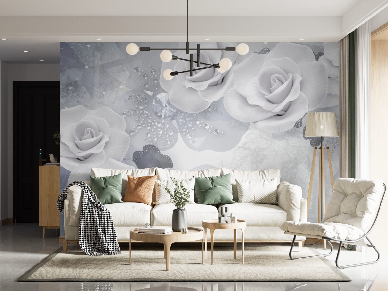 Fototapet set de flori albe pe un fundal albastru