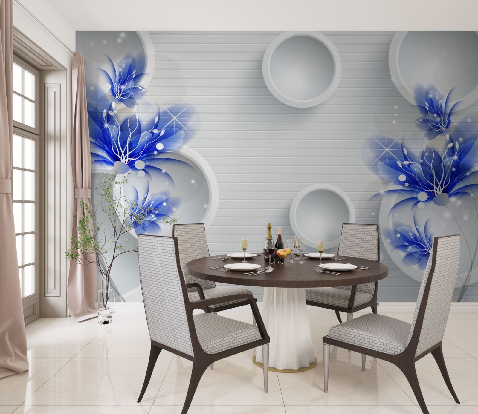 Fototapet muguri albastre pe un fundal abstract cu cercuri