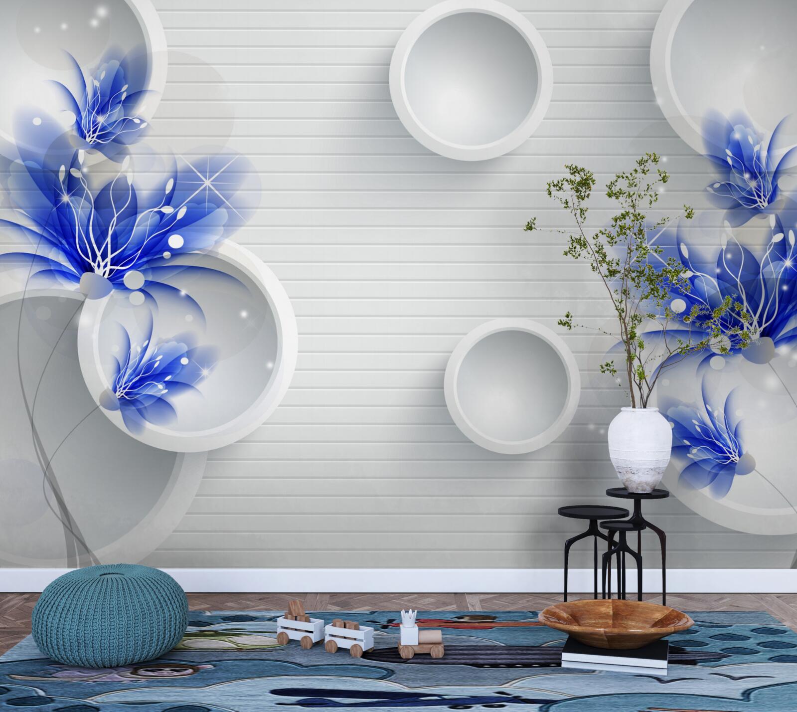 Fototapet muguri albastre pe un fundal abstract cu cercuri