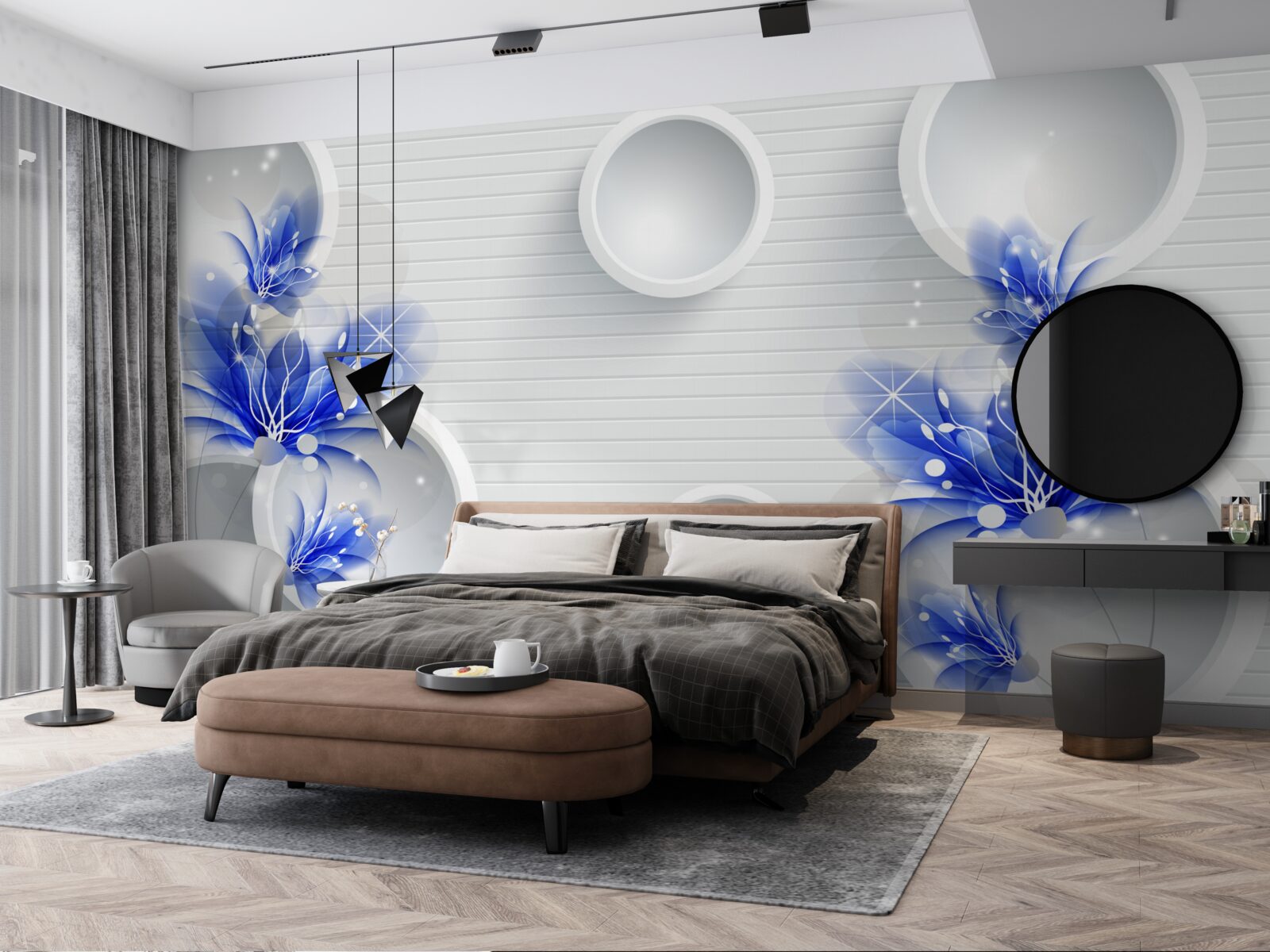 Fototapet muguri albastre pe un fundal abstract cu cercuri