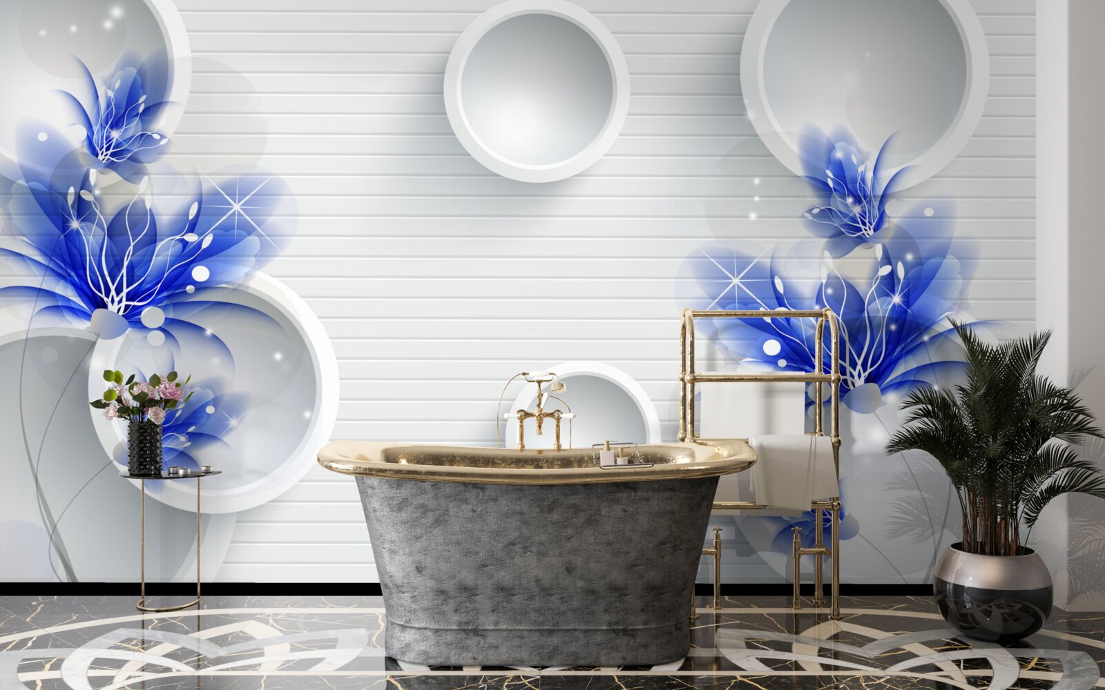 Fototapet muguri albastre pe un fundal abstract cu cercuri