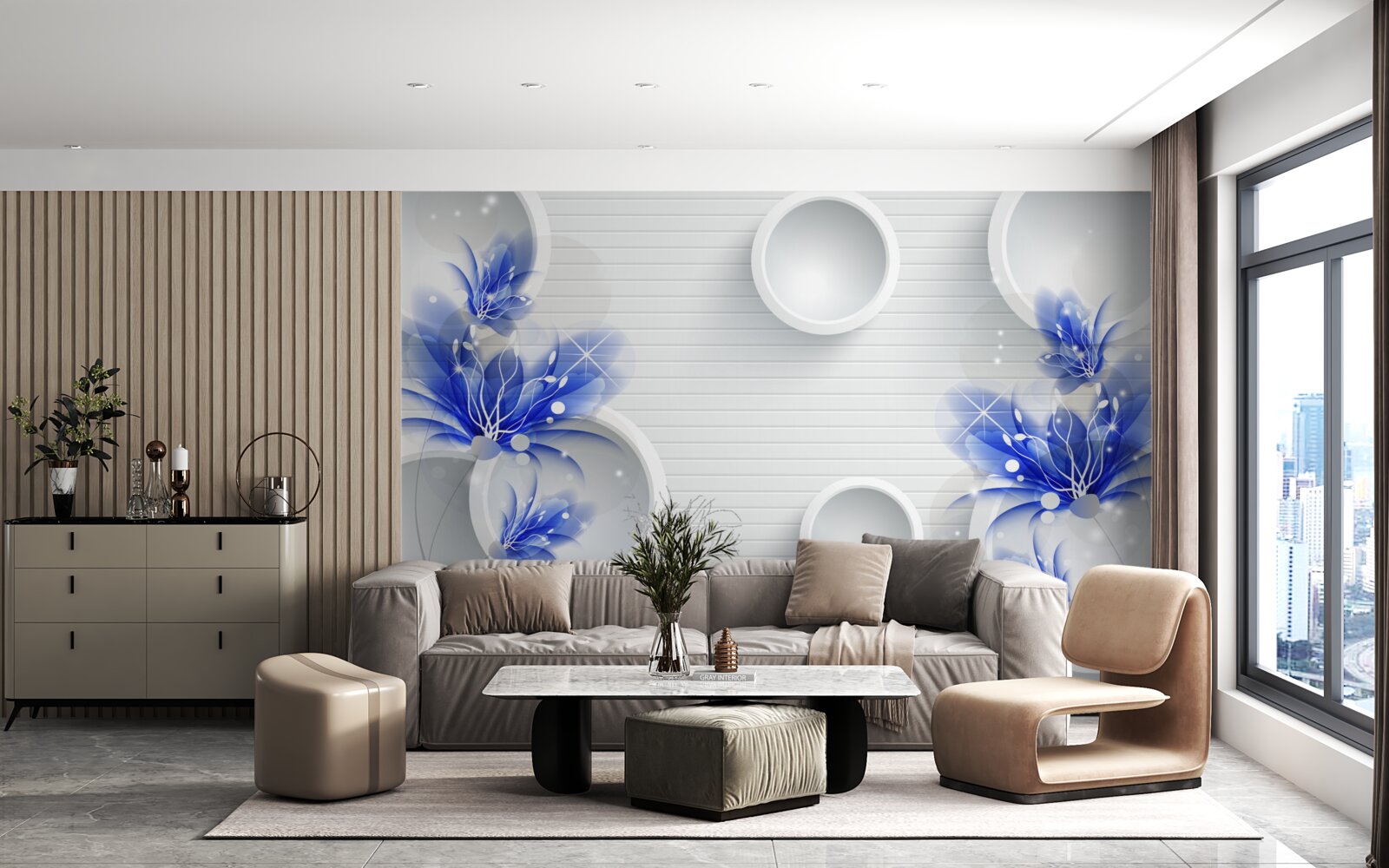 Fototapet muguri albastre pe un fundal abstract cu cercuri