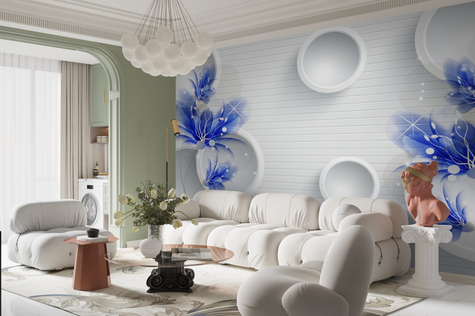 Fototapet muguri albastre pe un fundal abstract cu cercuri