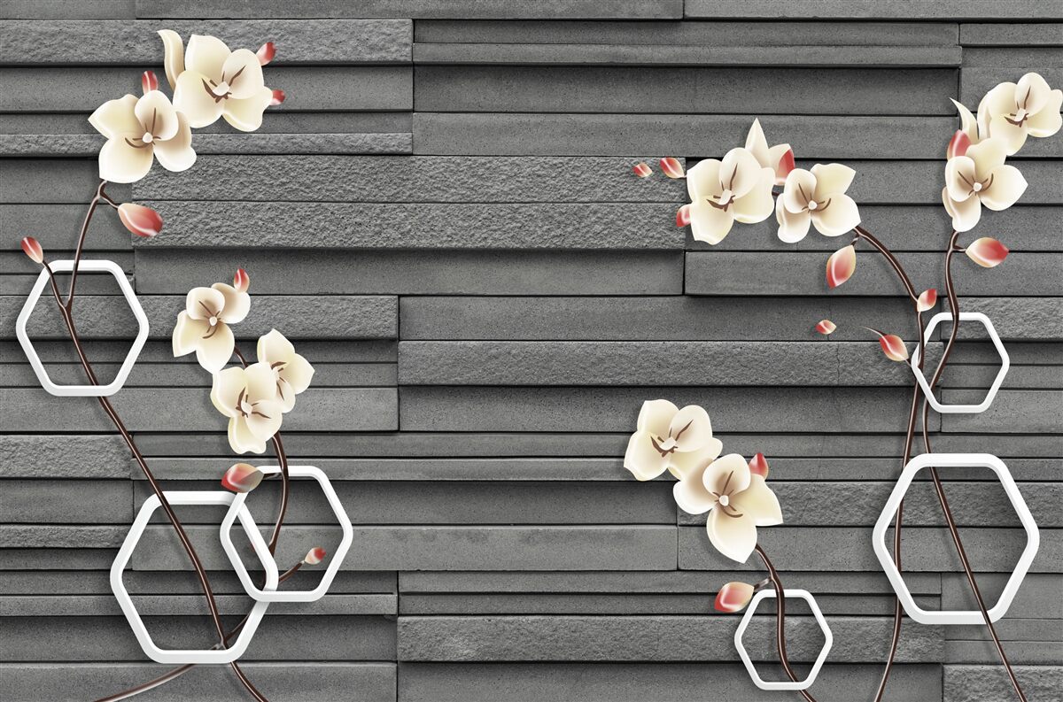 Fototapet perete de piatră neagră decorat cu flori albe