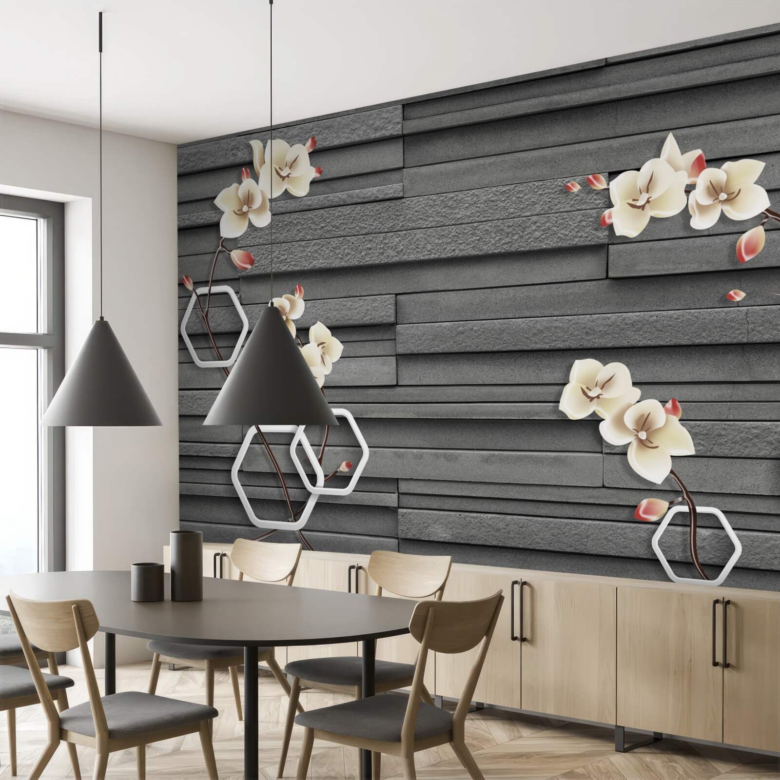 Fototapet perete de piatră neagră decorat cu flori albe