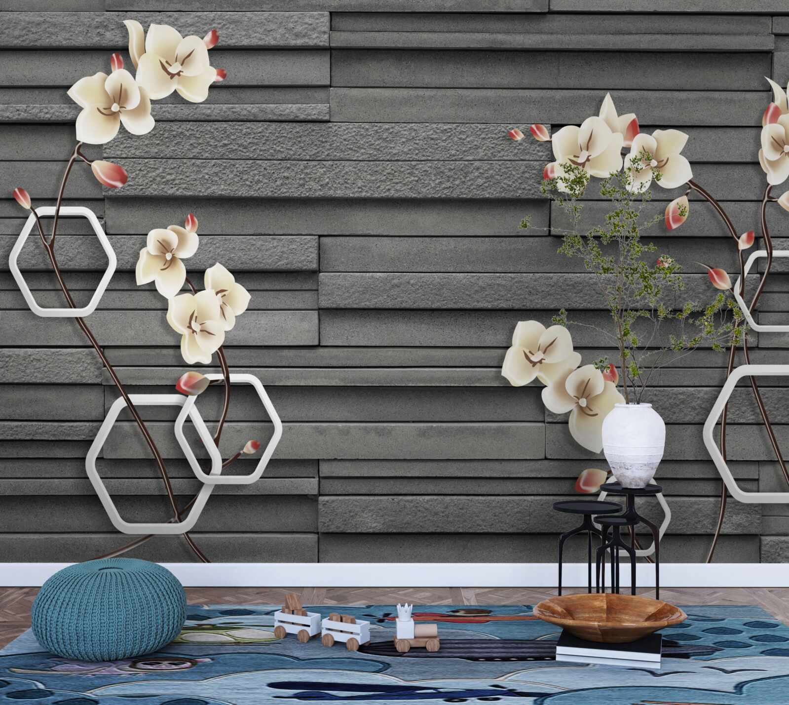 Fototapet perete de piatră neagră decorat cu flori albe