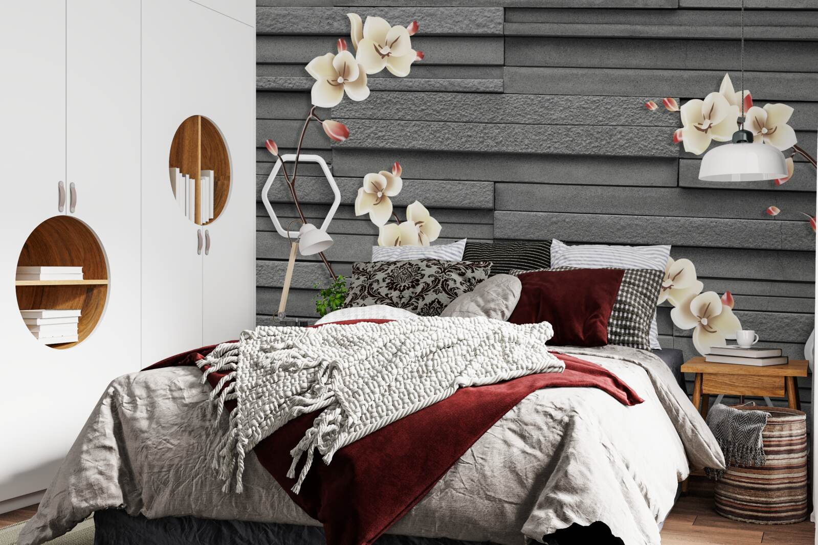 Fototapet perete de piatră neagră decorat cu flori albe