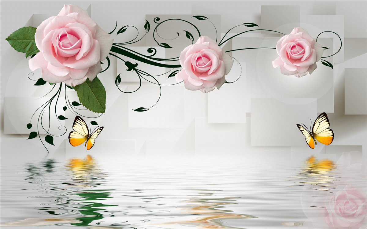 Fototapet fluturi deasupra apei lângă o ramură de trandafir cu o nuanță delicată de roz