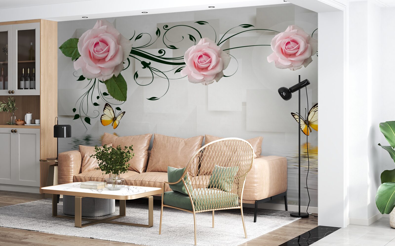 Fototapet fluturi deasupra apei lângă o ramură de trandafir cu o nuanță delicată de roz