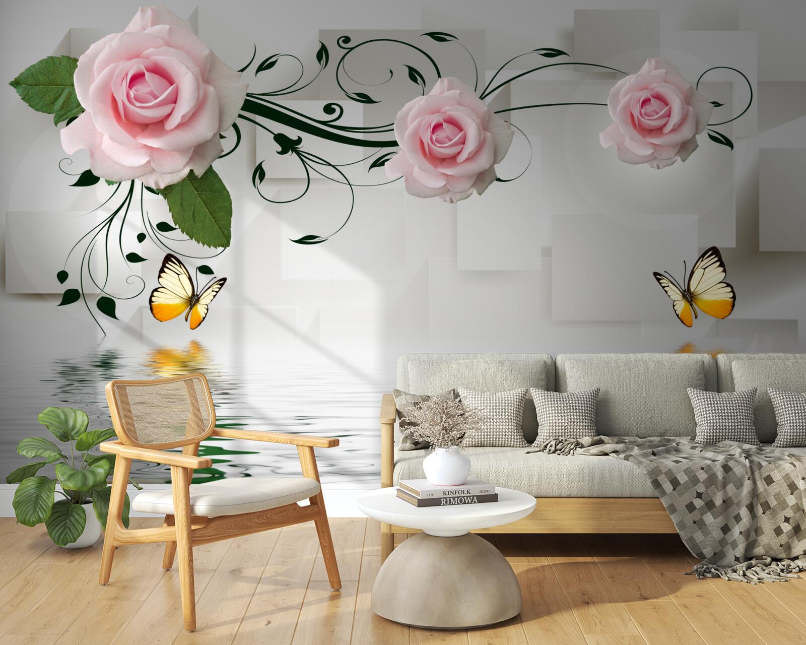 Fototapet fluturi deasupra apei lângă o ramură de trandafir cu o nuanță delicată de roz